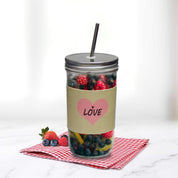 Market99 Mason Sipper, with Stainless Steel Straw & PU Sleeve, Masson Tumbler, Mason Jar, Love Printed Design, Silver Colour, Glass, 600 mL - MARKET 99