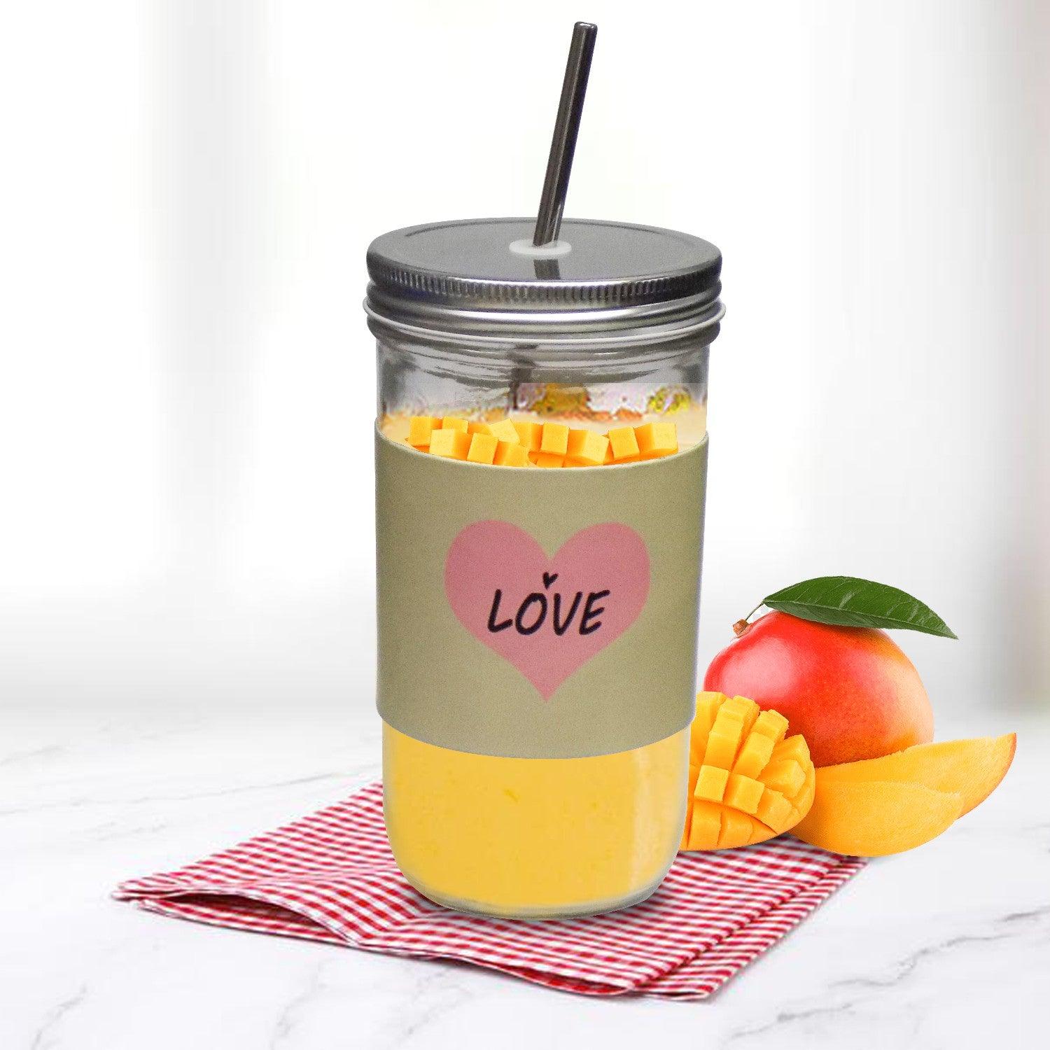 Market99 Mason Sipper, with Stainless Steel Straw & PU Sleeve, Masson Tumbler, Mason Jar, Love Printed Design, Silver Colour, Glass, 600 mL - MARKET 99