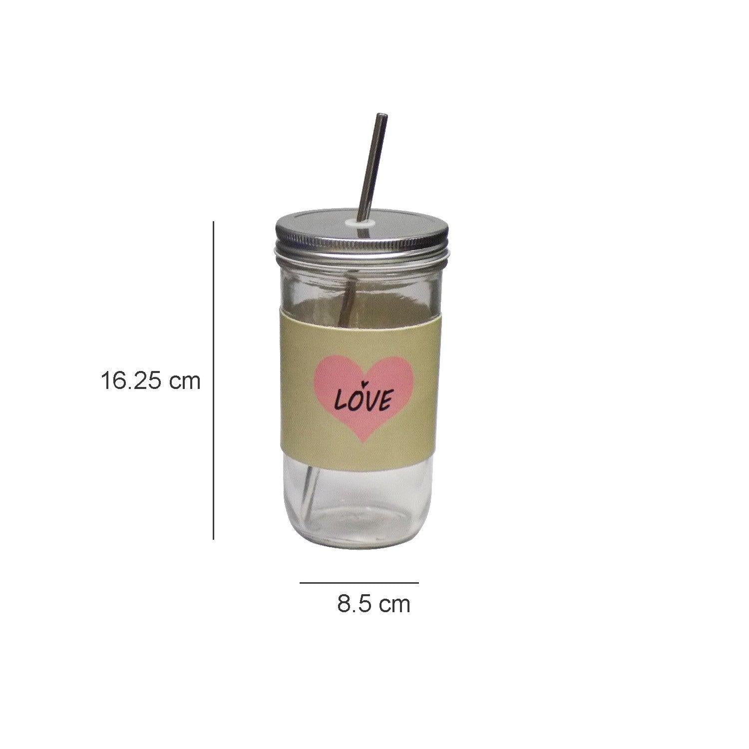 Market99 Mason Sipper, with Stainless Steel Straw & PU Sleeve, Masson Tumbler, Mason Jar, Love Printed Design, Silver Colour, Glass, 600 mL - MARKET 99