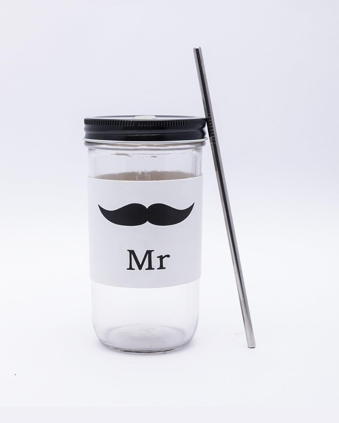 Market99 Mason Sipper, with Stainless Steel Straw & PU Sleeve, Masson Tumbler, Mason Jar, Mr Printed Design, Silver Colour, Glass, 600 mL - MARKET 99