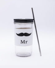 Market99 Mason Sipper, with Stainless Steel Straw & PU Sleeve, Masson Tumbler, Mason Jar, Mr Printed Design, Silver Colour, Glass, 600 mL - MARKET 99