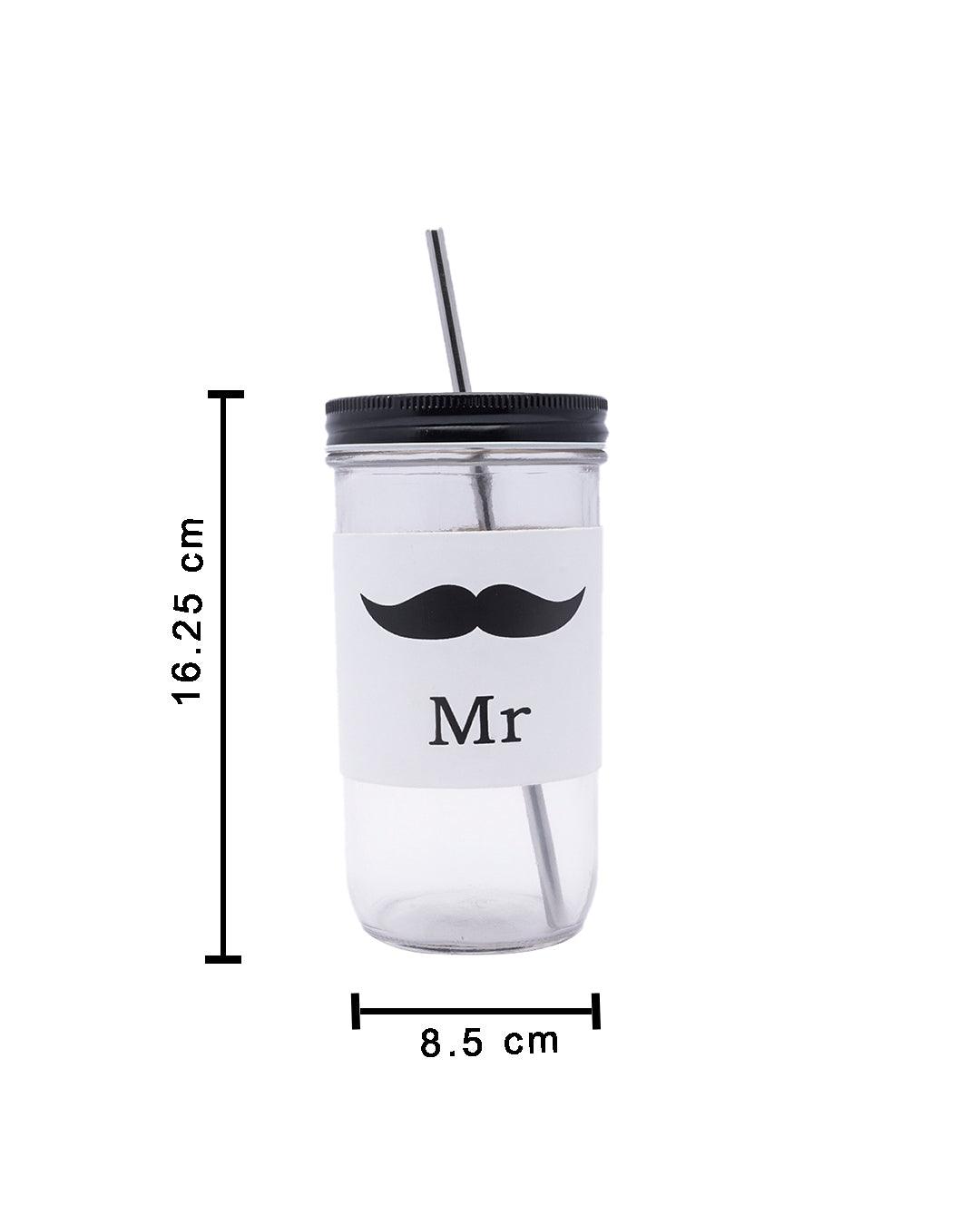 Market99 Mason Sipper, with Stainless Steel Straw & PU Sleeve, Masson Tumbler, Mason Jar, Mr Printed Design, Silver Colour, Glass, 600 mL - MARKET 99