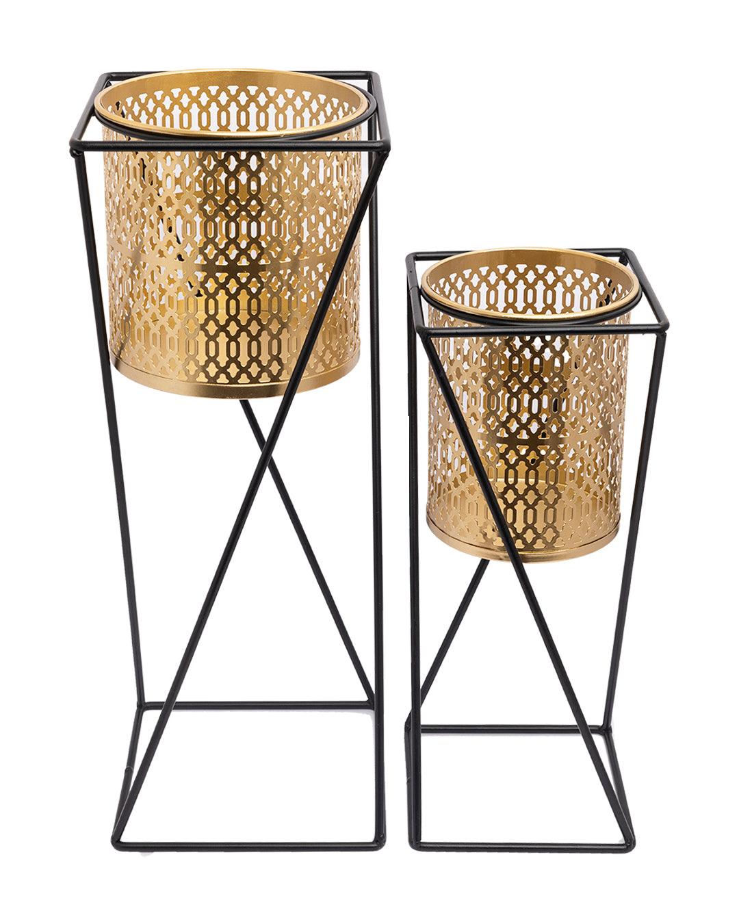 Market99 Metal Planter with Stand, Golden Colour, Iron, Set of 2 - MARKET 99