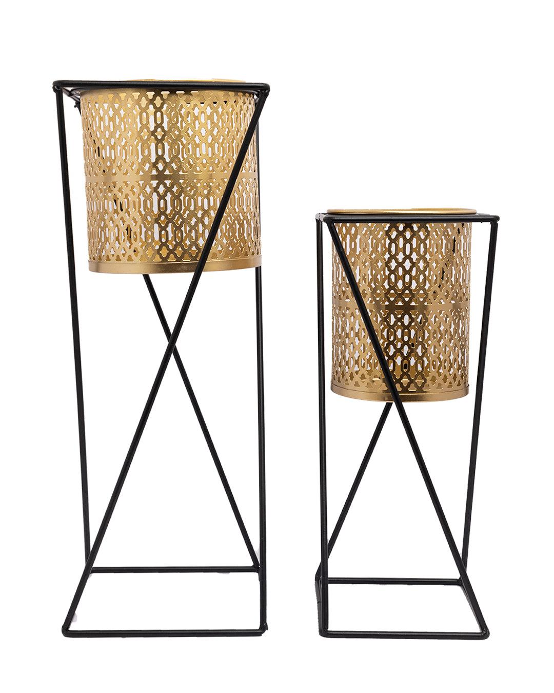 Market99 Metal Planter with Stand, Golden Colour, Iron, Set of 2 - MARKET 99