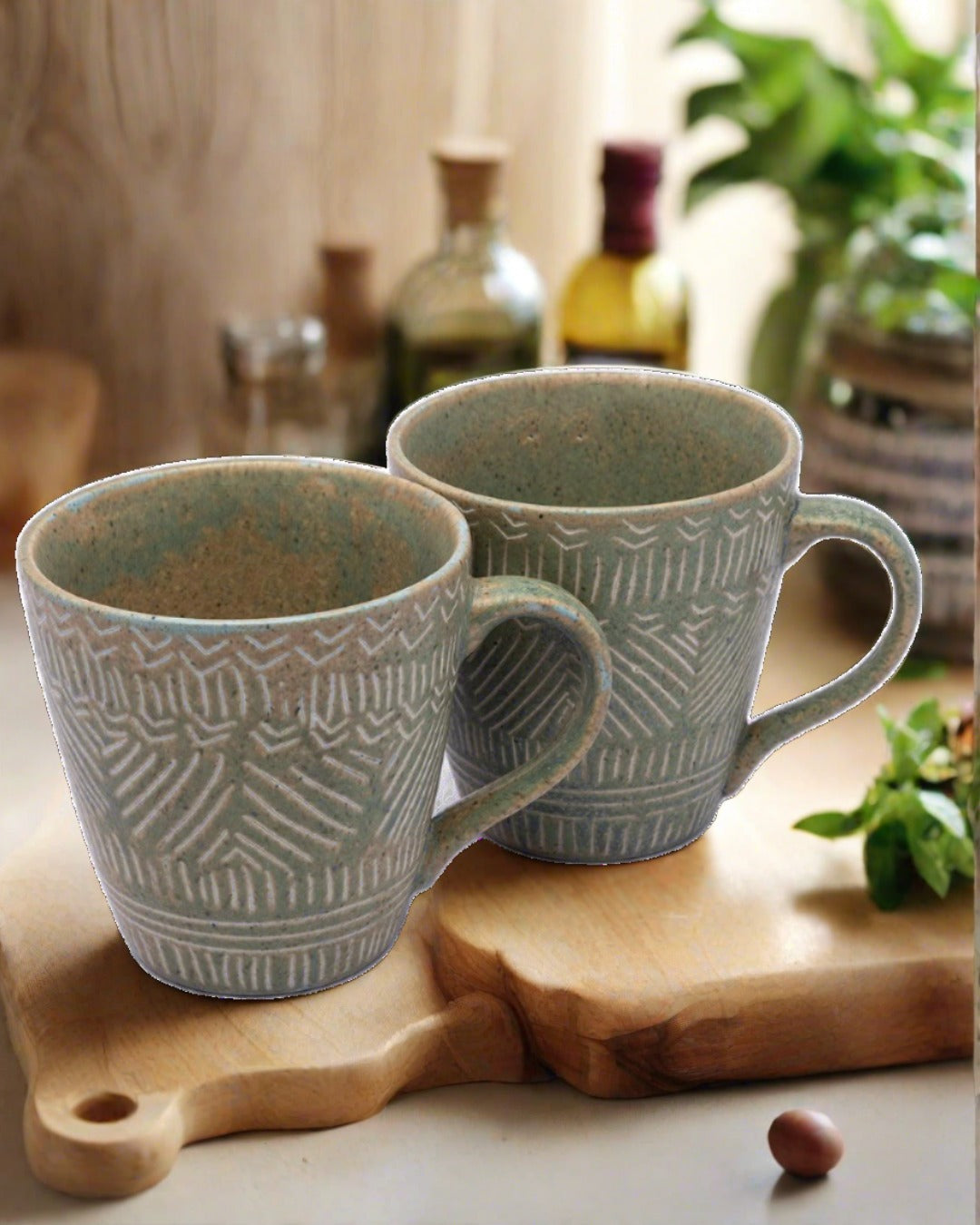 Market99 Mug Set, Tea & Coffee Mug, Soup Mug, Stoneware, Antique Look, Green, Ceramic, Set of 2 - MARKET 99