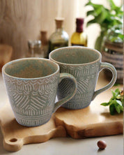 Market99 Mug Set, Tea & Coffee Mug, Soup Mug, Stoneware, Antique Look, Green, Ceramic, Set of 2 - MARKET 99