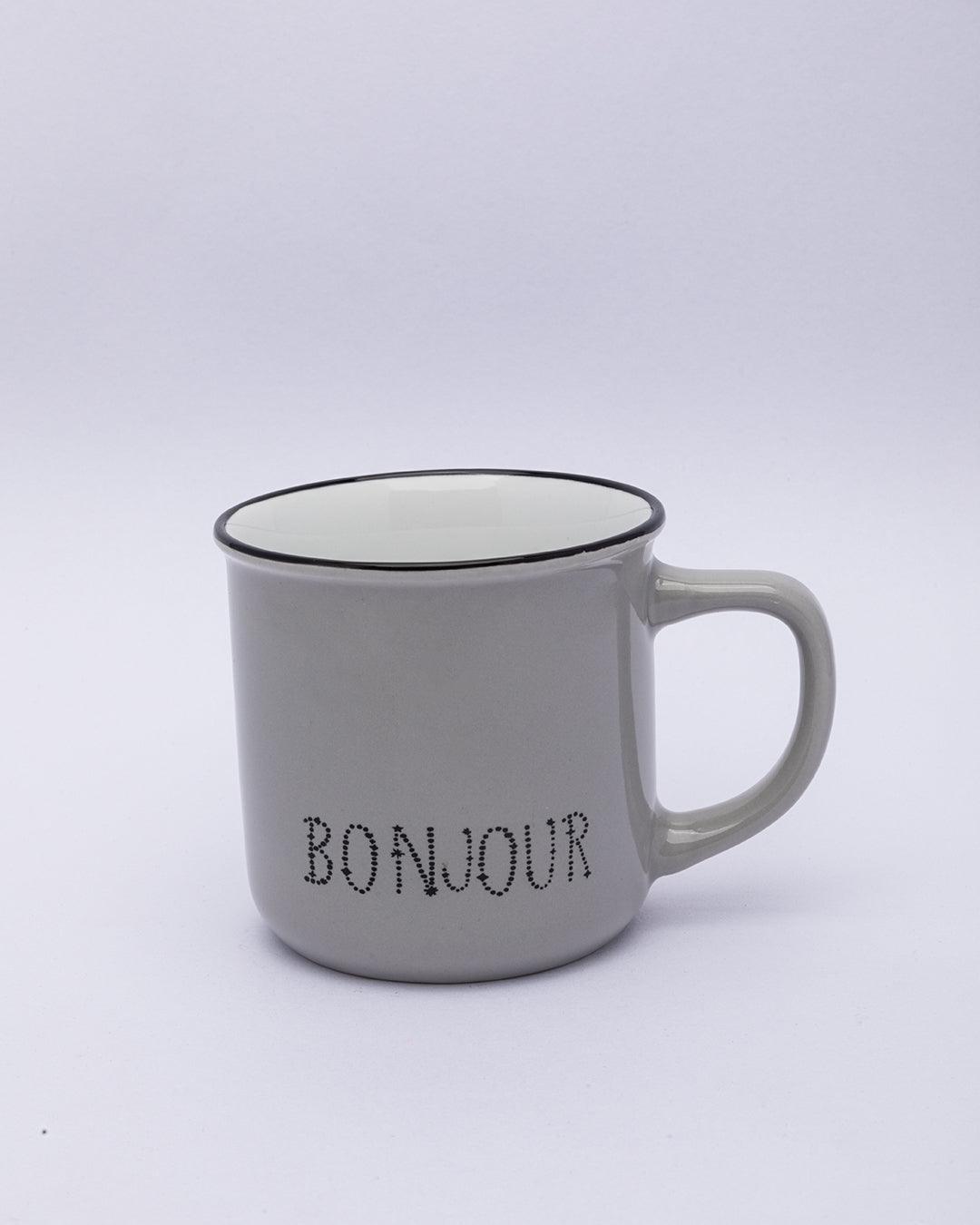 Market99 Mugs, Bonjour, Microwave & Dishwasher Safe, Assorted Colours, Ceramic, 340 mL, Set of 4 - MARKET 99