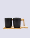 Market99 Mugs, with Wooden Tray, for Home, Office, Restaurants, Black, Ceramic & Bamboo, Set of 2 - MARKET 99
