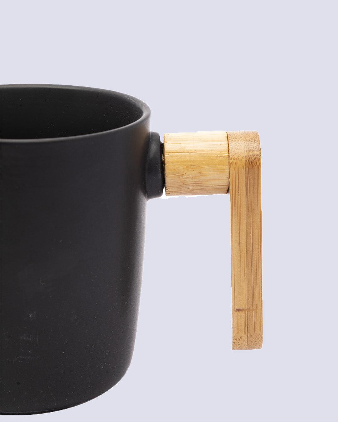 Market99 Mugs, with Wooden Tray, for Home, Office, Restaurants, Black, Ceramic & Bamboo, Set of 2 - MARKET 99