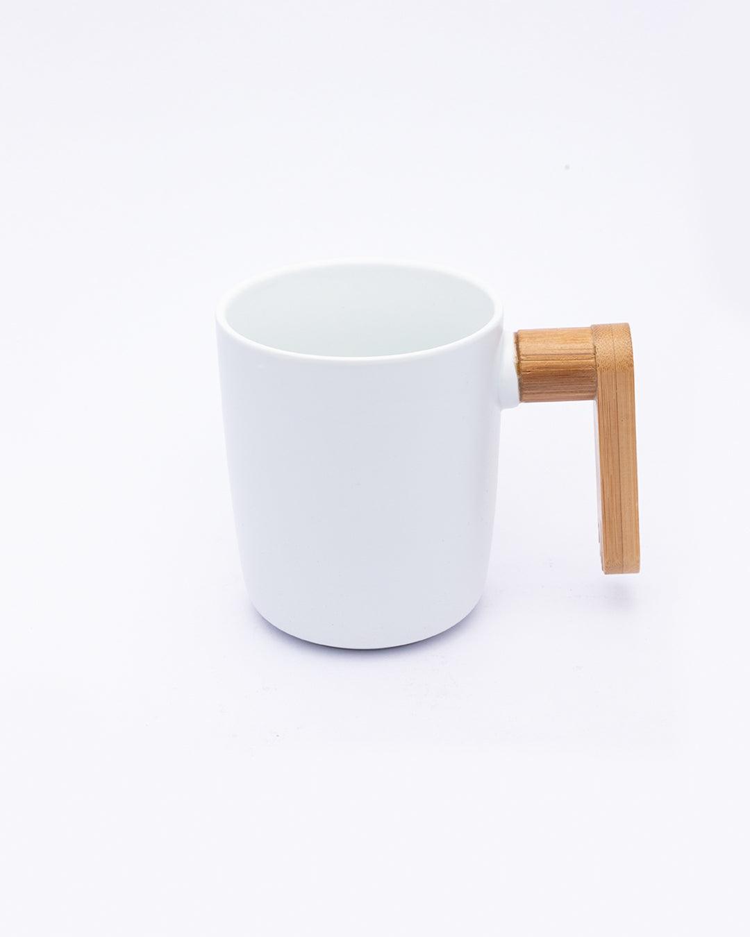 Market99 Mugs, with Wooden Tray, for Home, Office, Restaurants, White, Ceramic & Bamboo, Set of 2 - MARKET 99