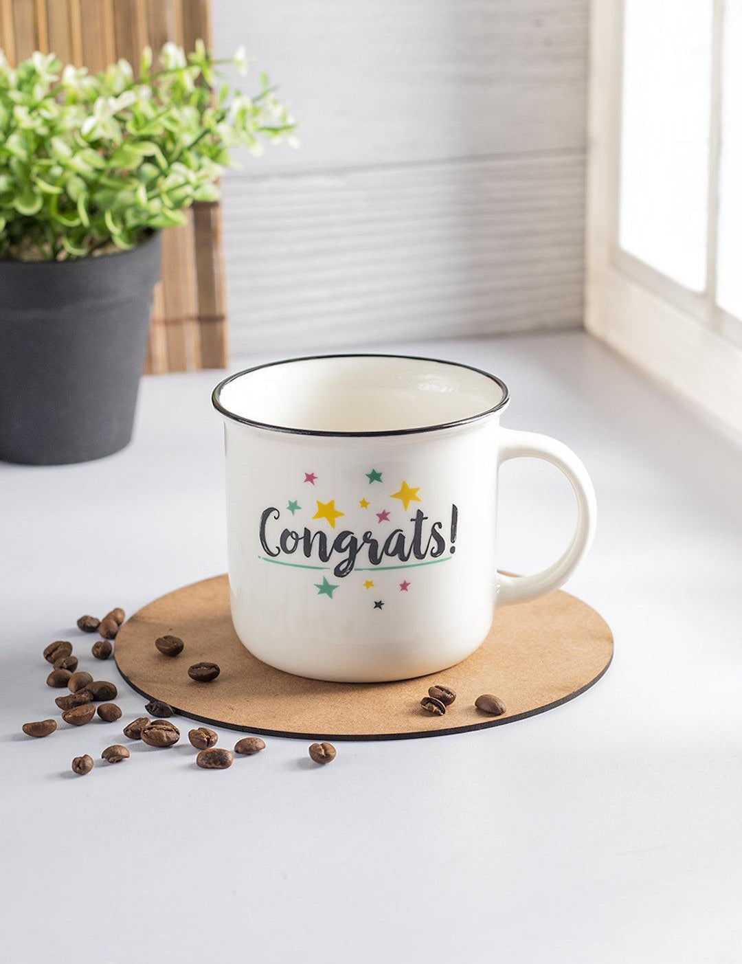 Off White Ceramic New Bone China Coffee Mug "Congrats!" - 380 mL