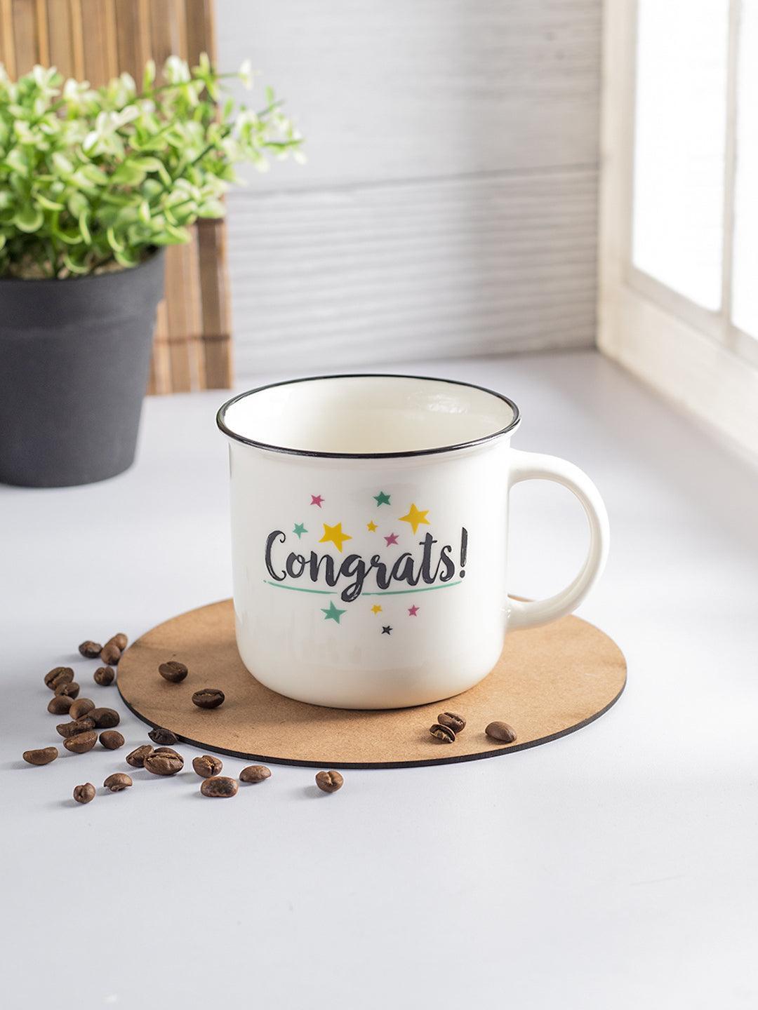 Off White Ceramic New Bone China Coffee Mug "Congrats!" - 380 mL