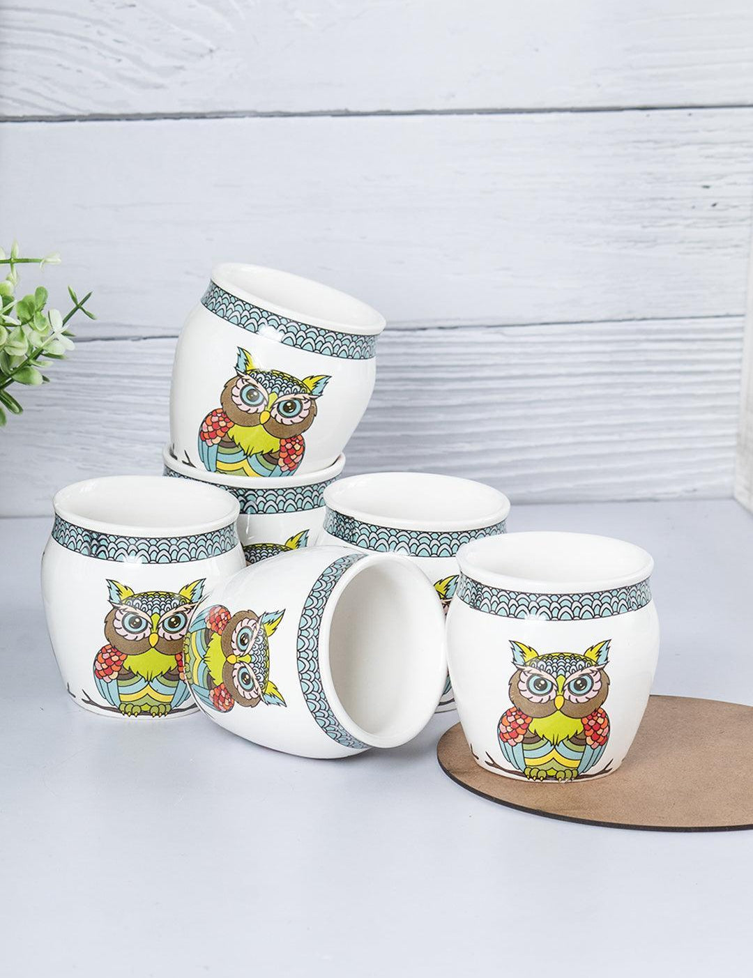 Owl Printed Ceramic Kullad, (Each 130 mL, Set Of 6 Pcs)