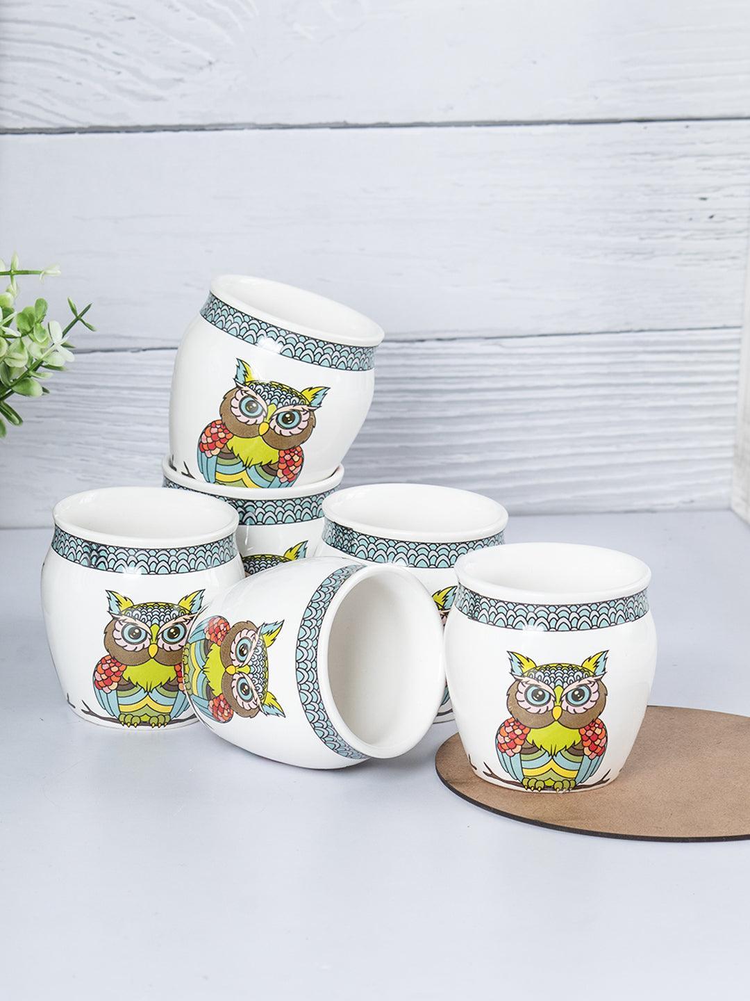 Owl Printed Ceramic Kullad, (Each 130 mL, Set Of 6 Pcs)