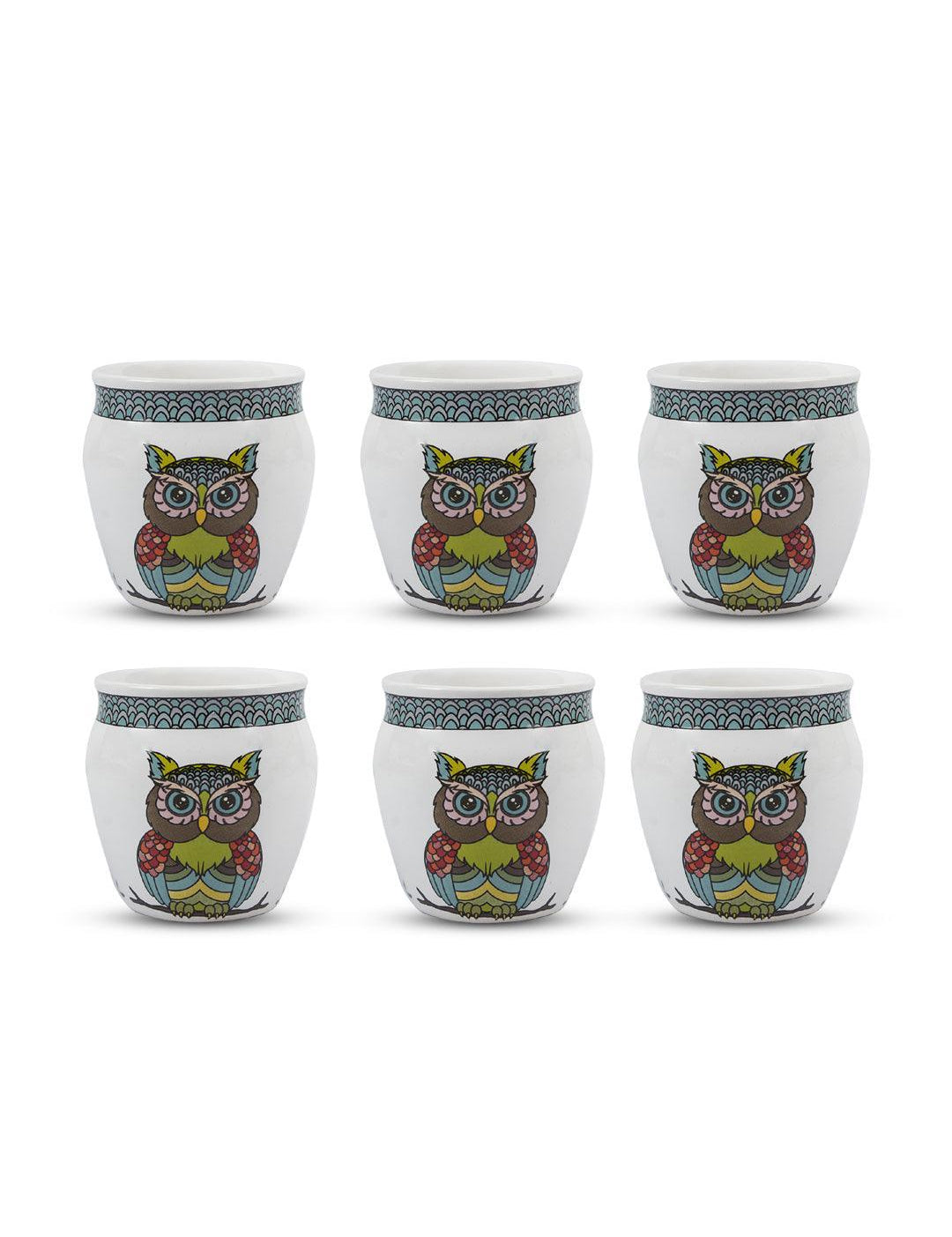 Owl Printed Ceramic Kullad, (Each 130 mL, Set Of 6 Pcs)