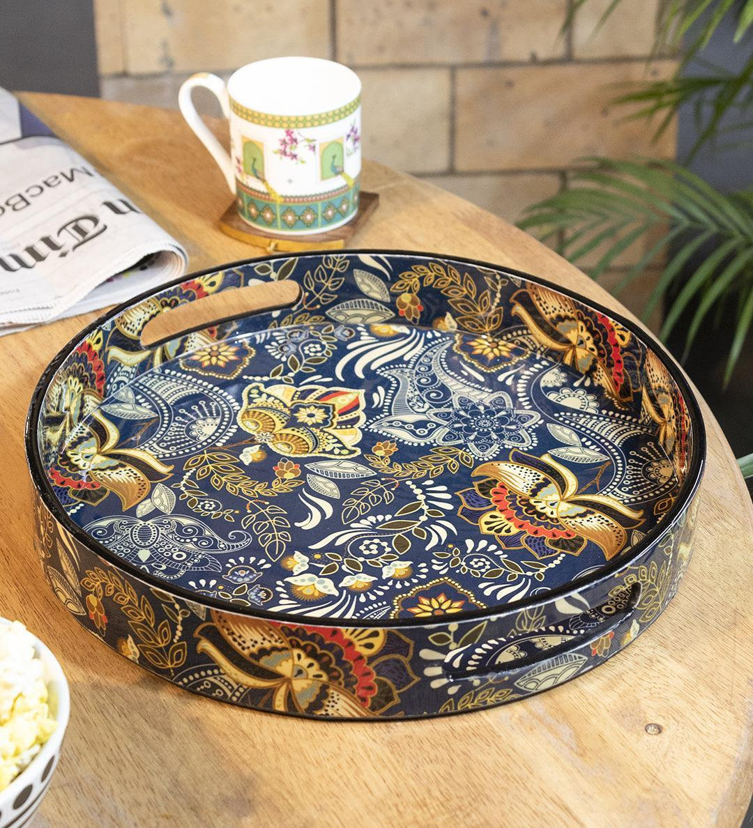 Market99 Serveware Round Serving Tray With Handle (1 Pcs, Floral Print)