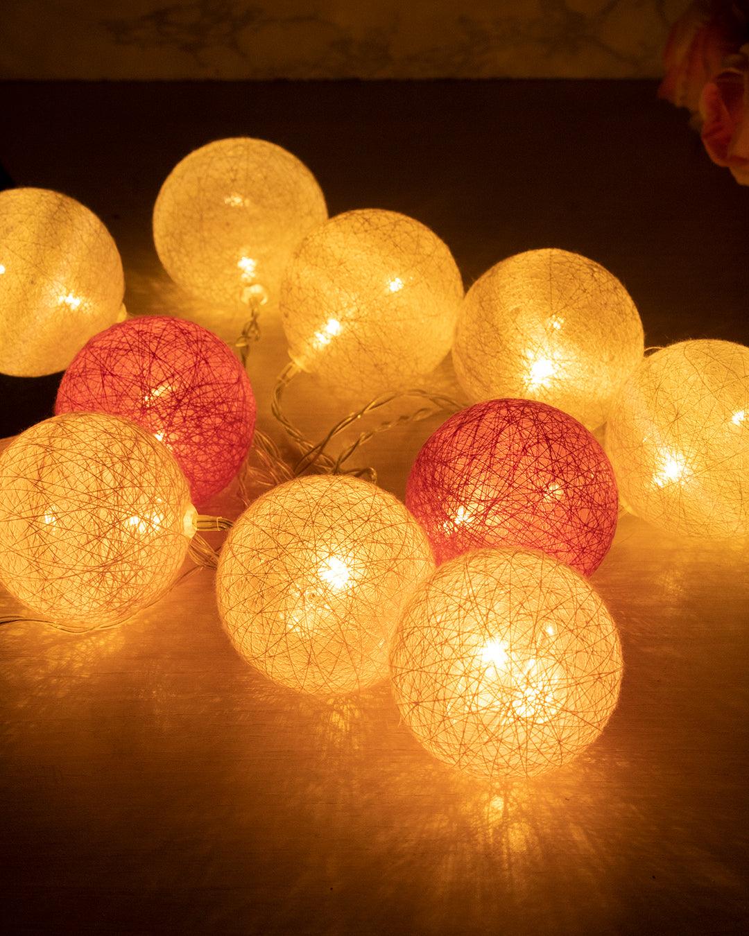 Market99 String Lights, with 10 Balls, Pink & Taupe, Polystyrene & Cotton - MARKET 99