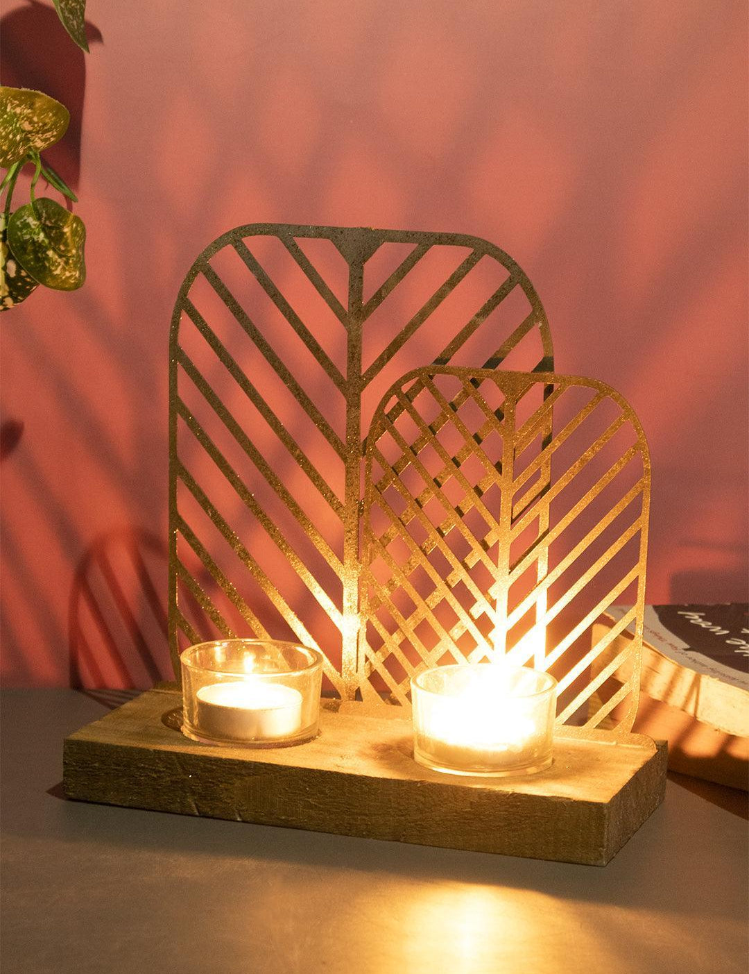 Market99 T-Light Holder, Decorative T-Light Holder, Wired with Glass Table, Black, Iron & MDF - MARKET 99