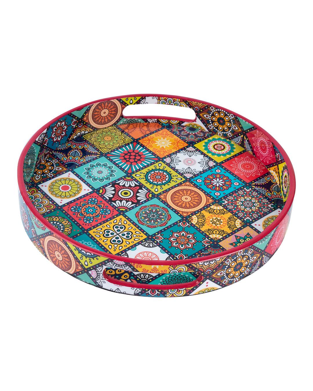 Market99 Tray with Handle, Round, Multiple Style Print, Multicolour, MDF - MARKET 99