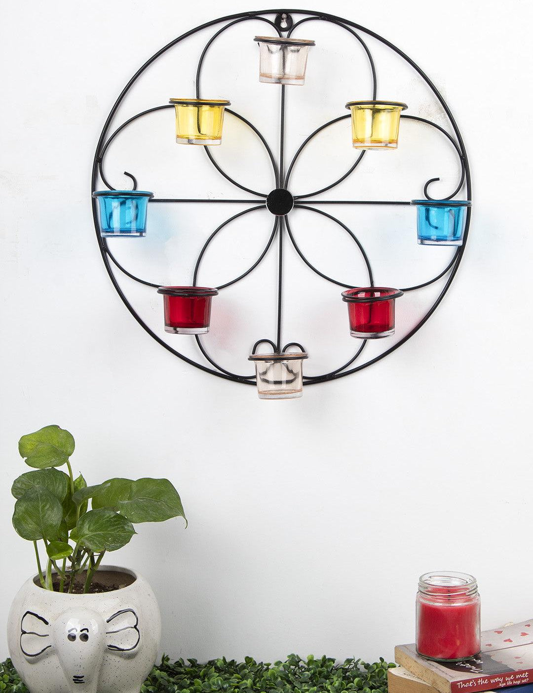 Market99 Wall Sconce, Multi-coloured Votives, 8 Votive T-Light Candle Holder, Black Finish, Mild Steel - MARKET 99