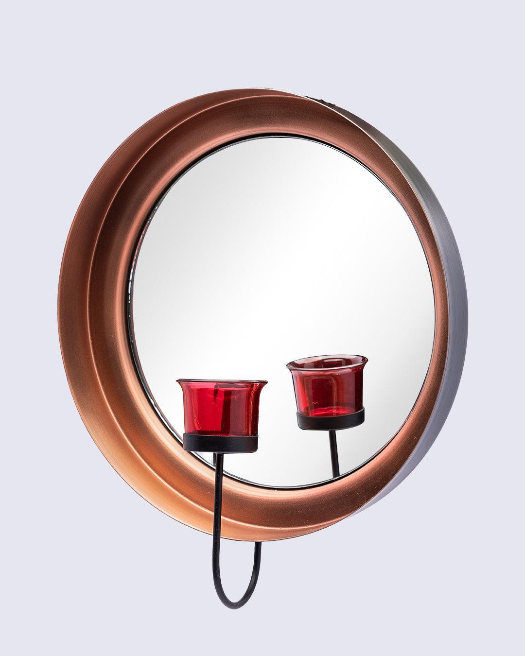 Market99 Wall Sconce T-Light Candle Holder, Votive Holder With Mirror, Metal Frame, Red Votive, Copper Finish, Mild Steel - MARKET 99