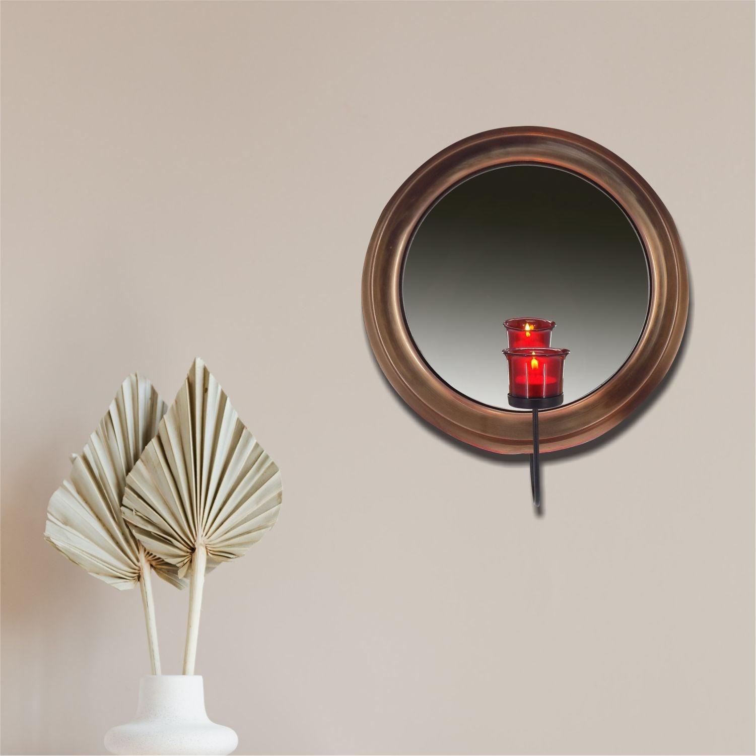 Market99 Wall Sconce T-Light Candle Holder, Votive Holder With Mirror, Metal Frame, Red Votive, Copper Finish, Mild Steel - MARKET 99