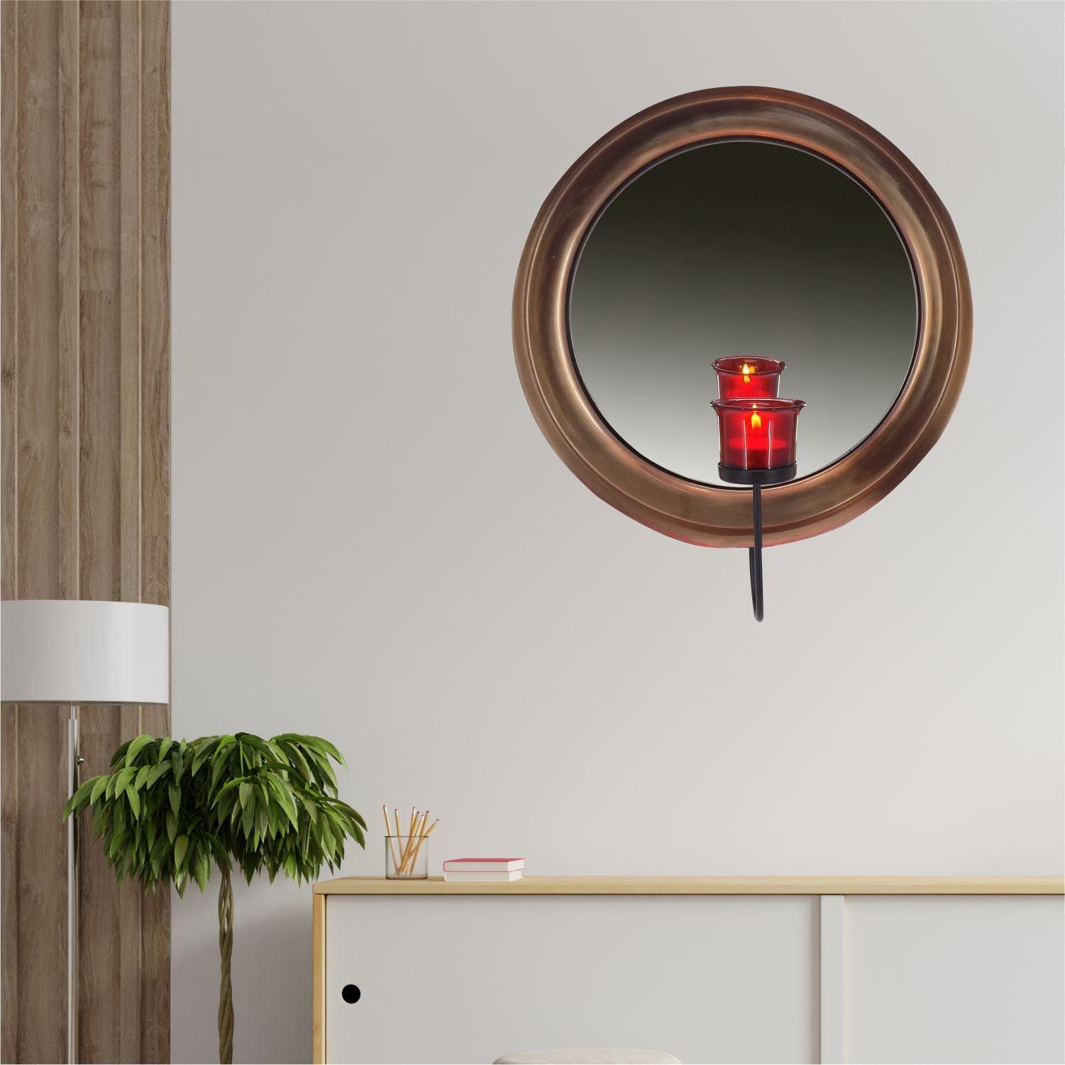 Market99 Wall Sconce T-Light Candle Holder, Votive Holder With Mirror, Metal Frame, Red Votive, Copper Finish, Mild Steel - MARKET 99