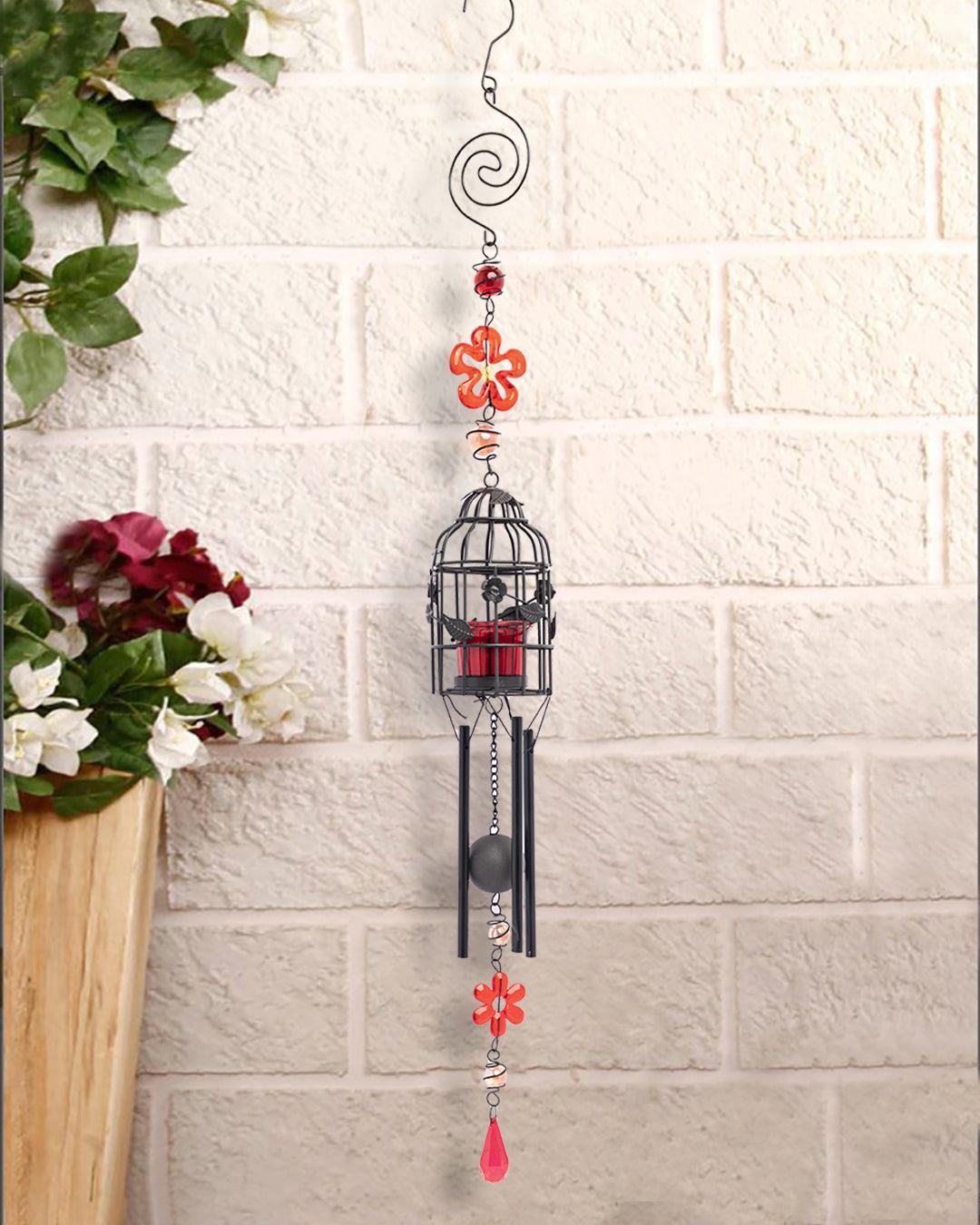 Market99 Wind Chime with T-Light Holder, Red, Iron - MARKET 99