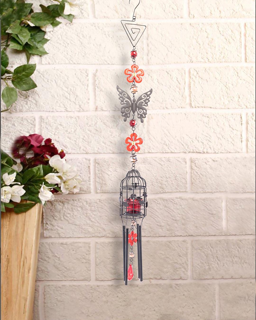 Market99 Wind Chimes with T-Light Holder, Red, Iron - MARKET 99