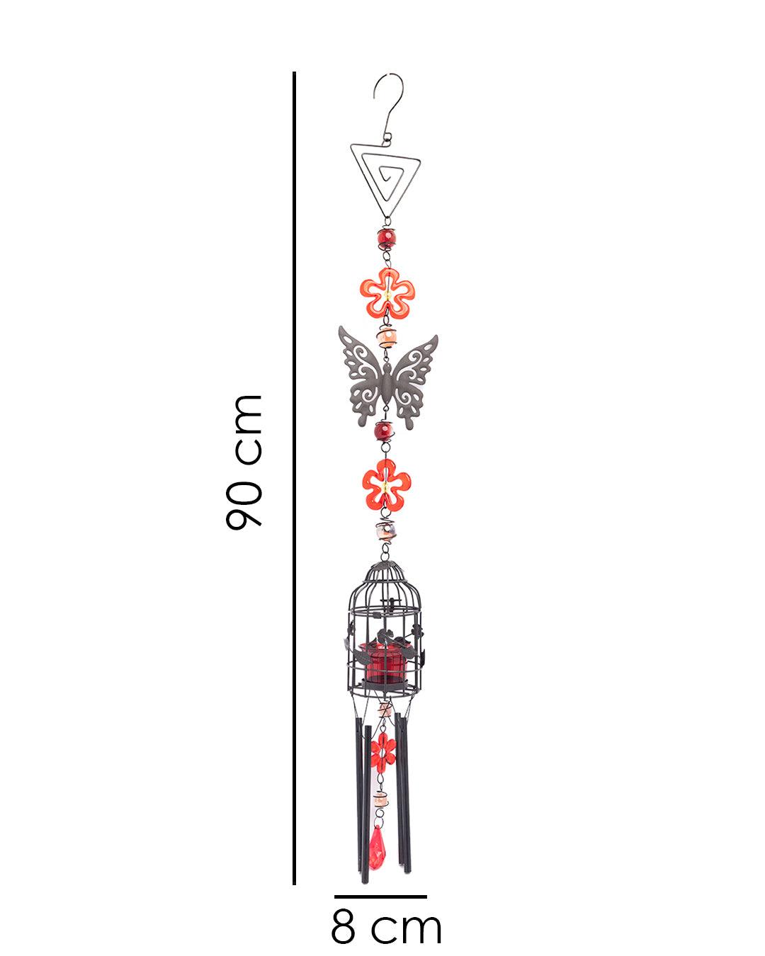 Market99 Wind Chimes with T-Light Holder, Red, Iron - MARKET 99