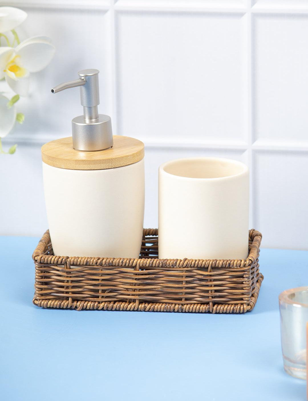 Wooden & Cream Ceramic Bathroom, Pack Of 3