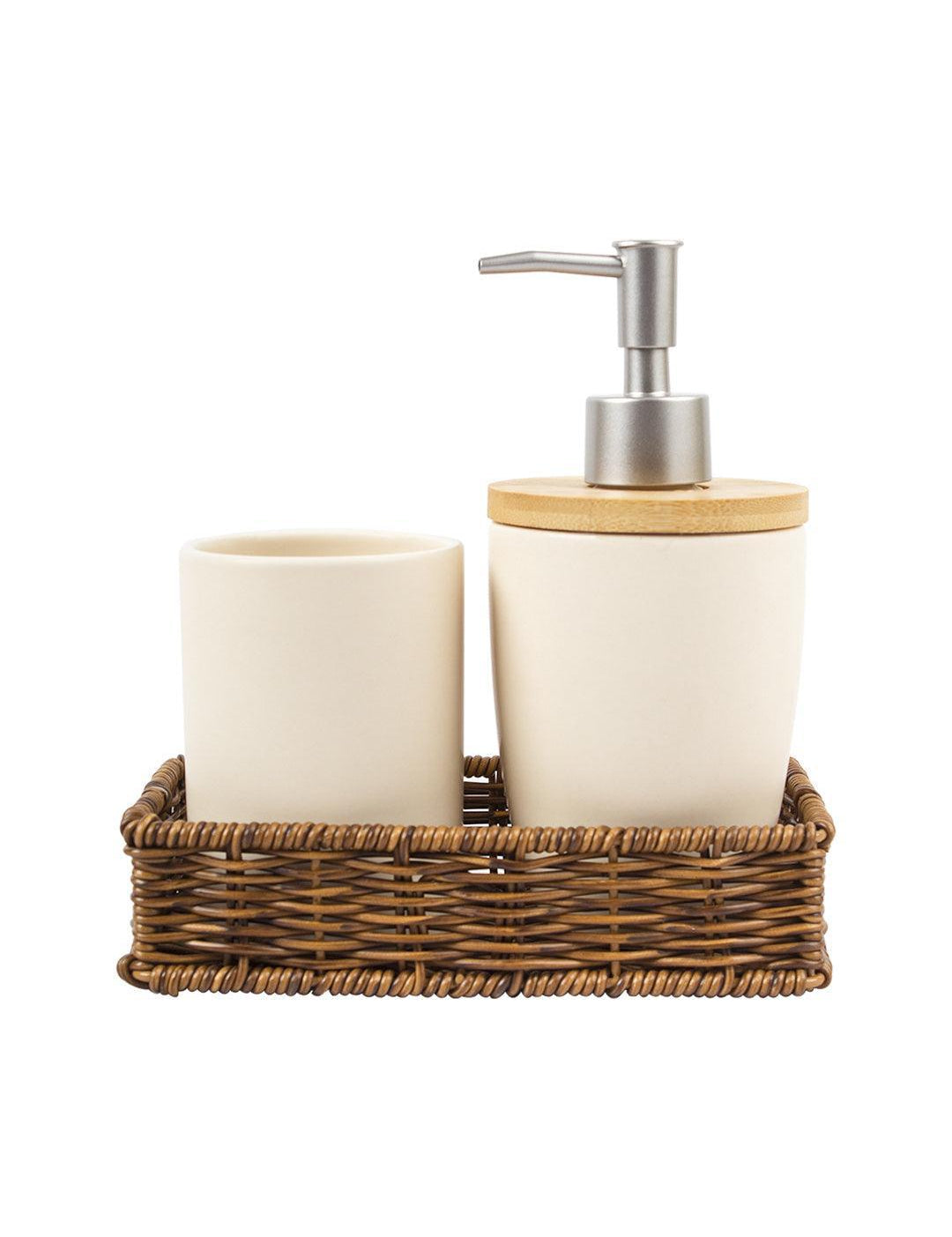 Wooden & Cream Ceramic Bathroom, Pack Of 3