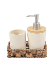 Wooden & Cream Ceramic Bathroom, Pack Of 3