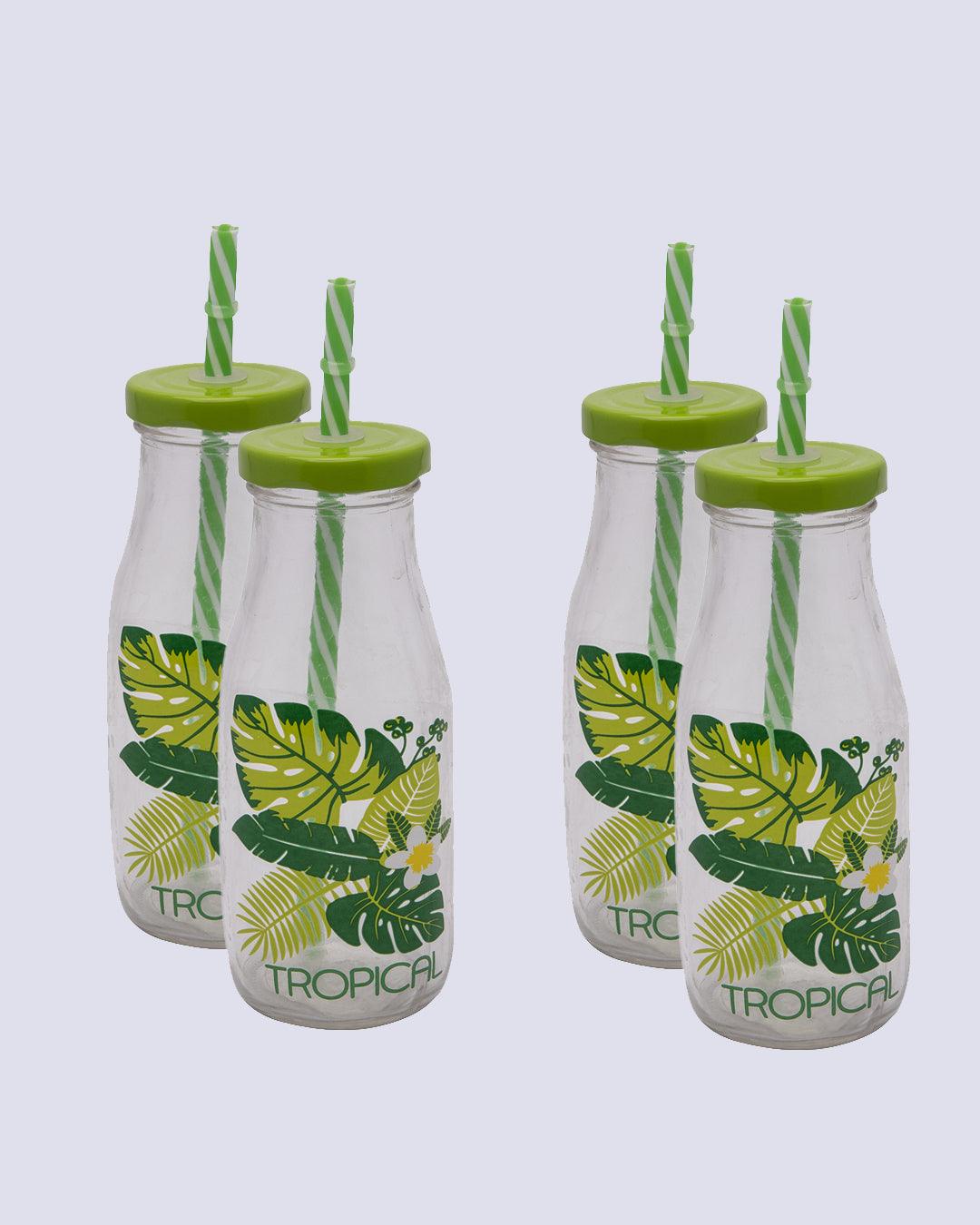 Mason Glass Sipper, Mason Jar, with Straw, Leaf Design, Green, Glass, Set Of 4, 300 mL - MARKET 99