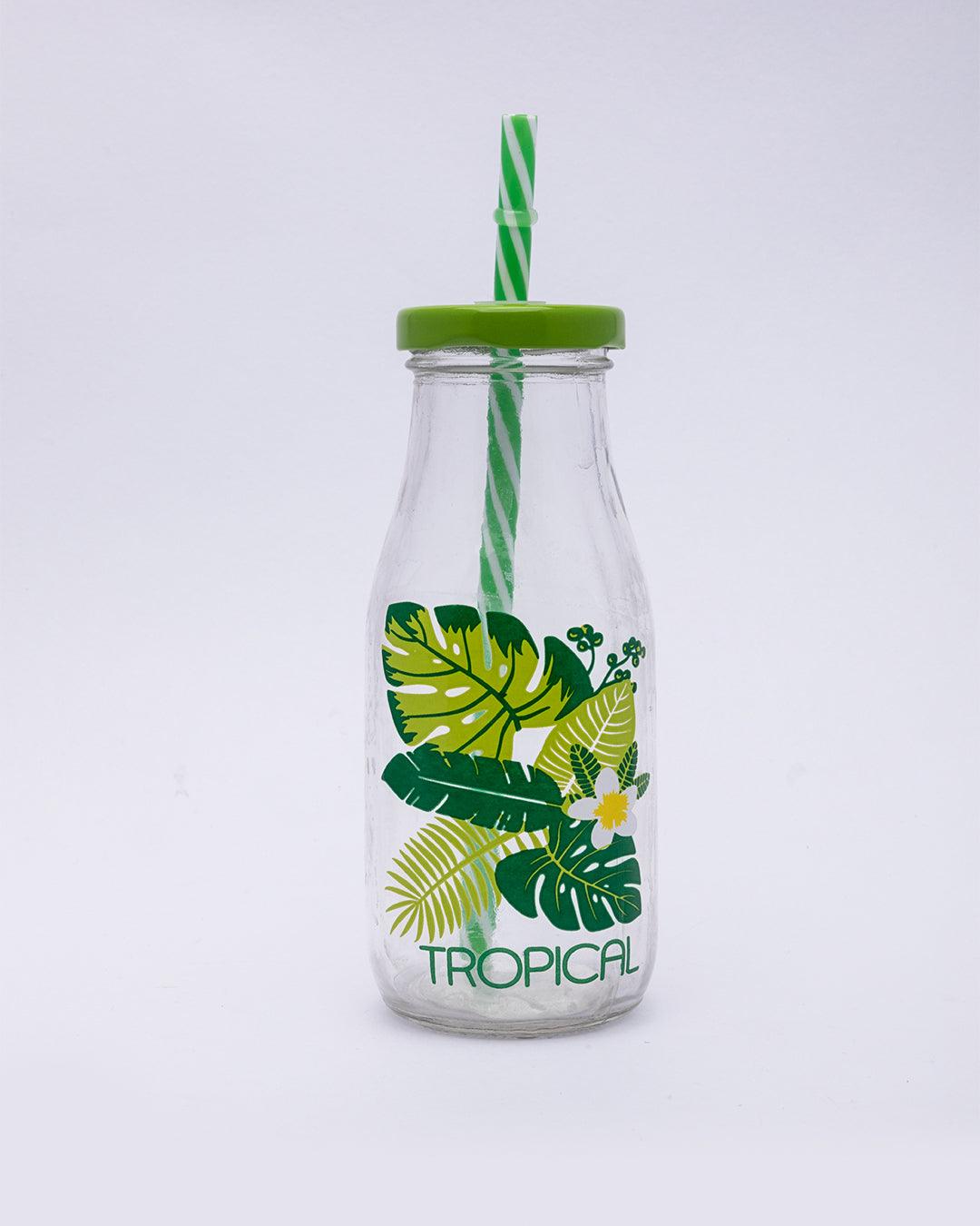 Mason Glass Sipper, Mason Jar, with Straw, Leaf Design, Green, Glass, Set Of 4, 300 mL - MARKET 99