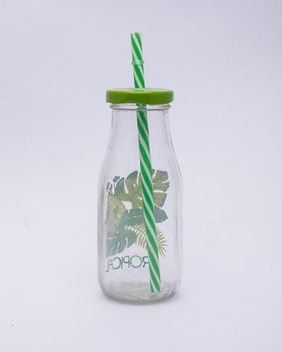 Mason Glass Sipper, Mason Jar, with Straw, Leaf Design, Green, Glass, Set Of 4, 300 mL - MARKET 99