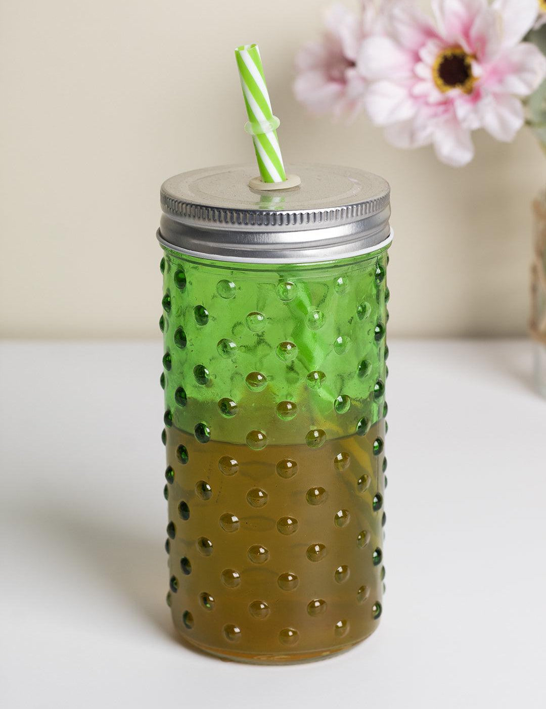 Mason Jar, with a Lid & Straw, Mason Tumbler, Glass, Green, 400 mL - MARKET 99