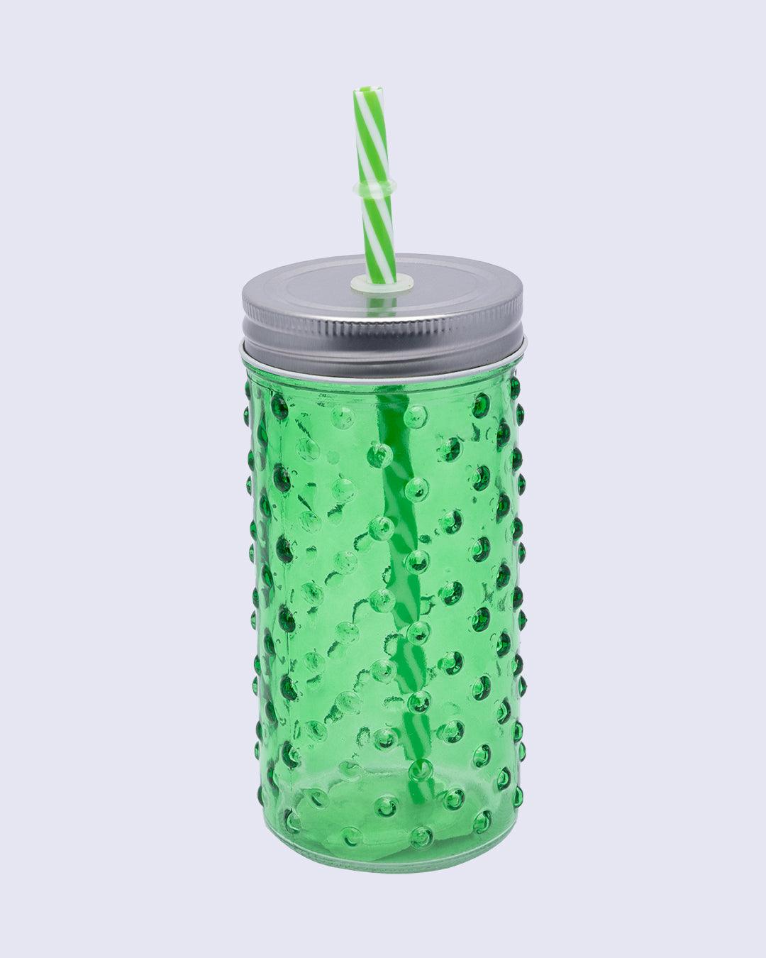 Mason Jar, with a Lid & Straw, Mason Tumbler, Glass, Green, 400 mL - MARKET 99
