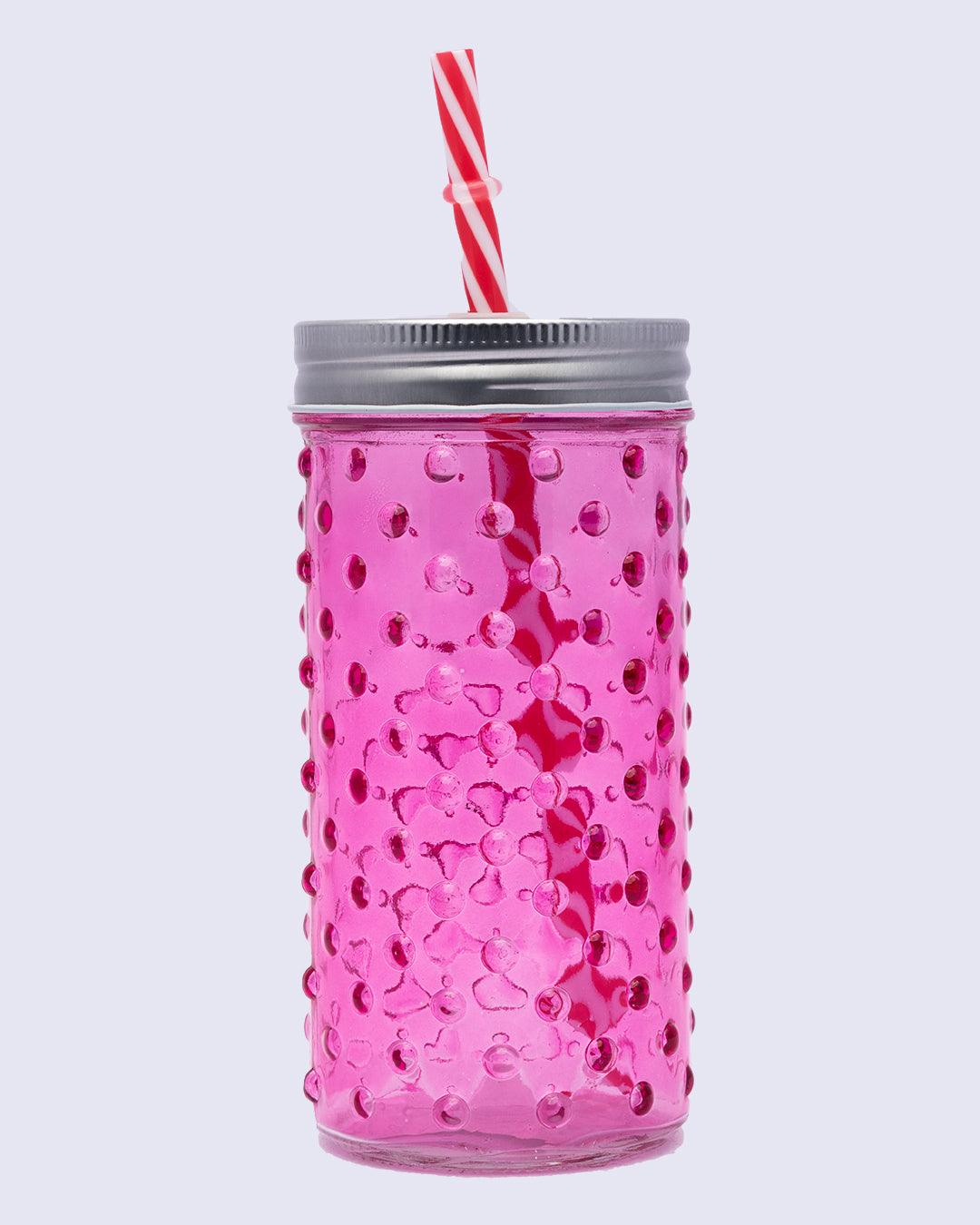 Mason Jar, with a Lid & Straw, Mason Tumbler, Glass, Pink, 400 mL - MARKET 99