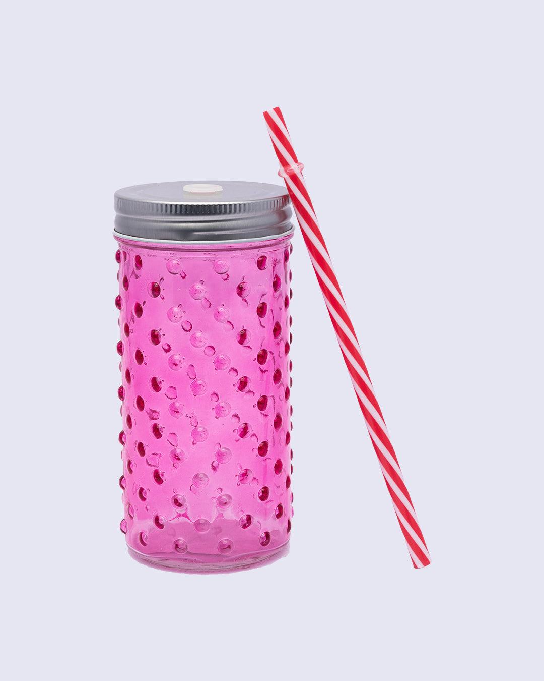 Mason Jar, with a Lid & Straw, Mason Tumbler, Glass, Pink, 400 mL - MARKET 99