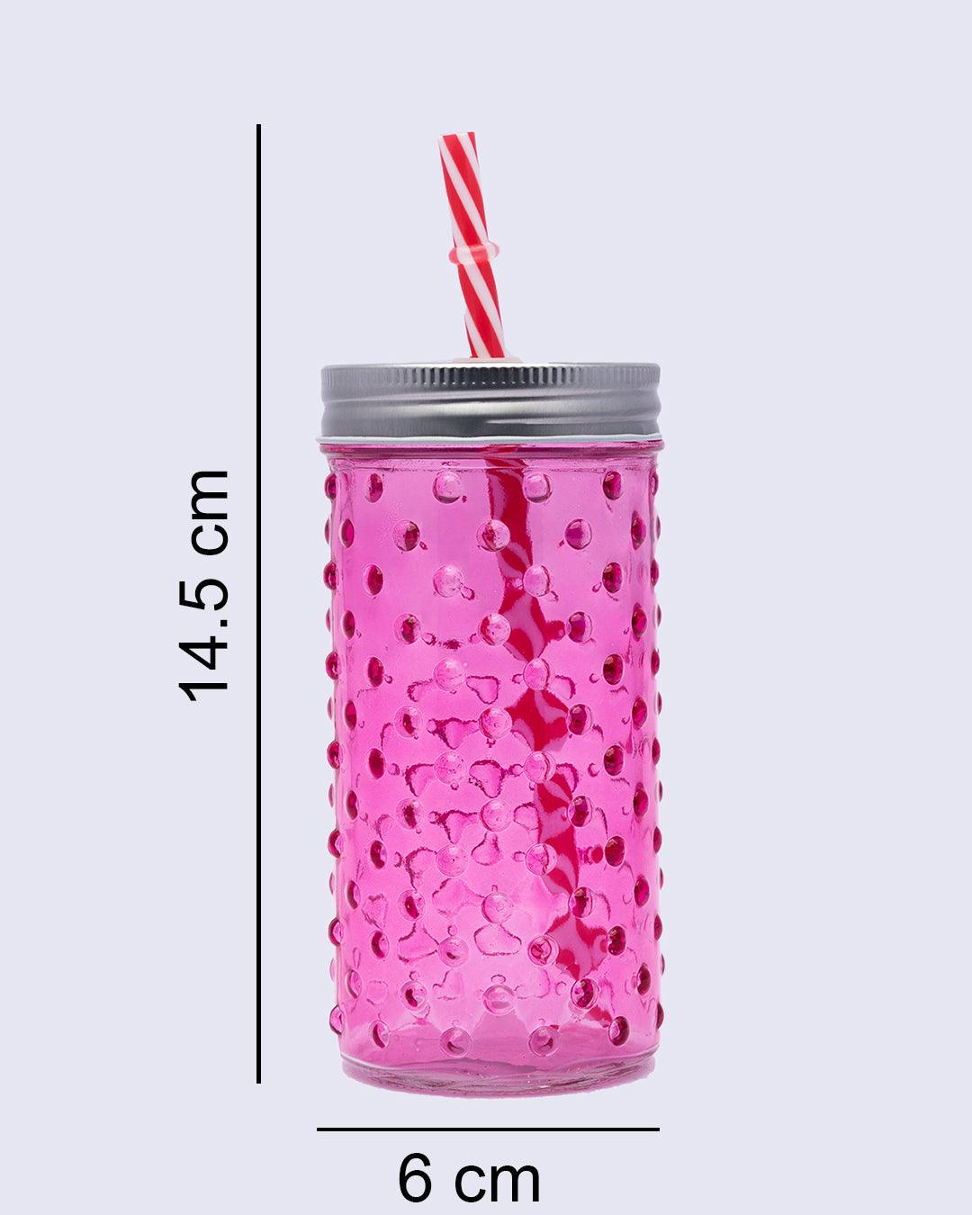 Mason Jar, with a Lid & Straw, Mason Tumbler, Glass, Pink, 400 mL - MARKET 99