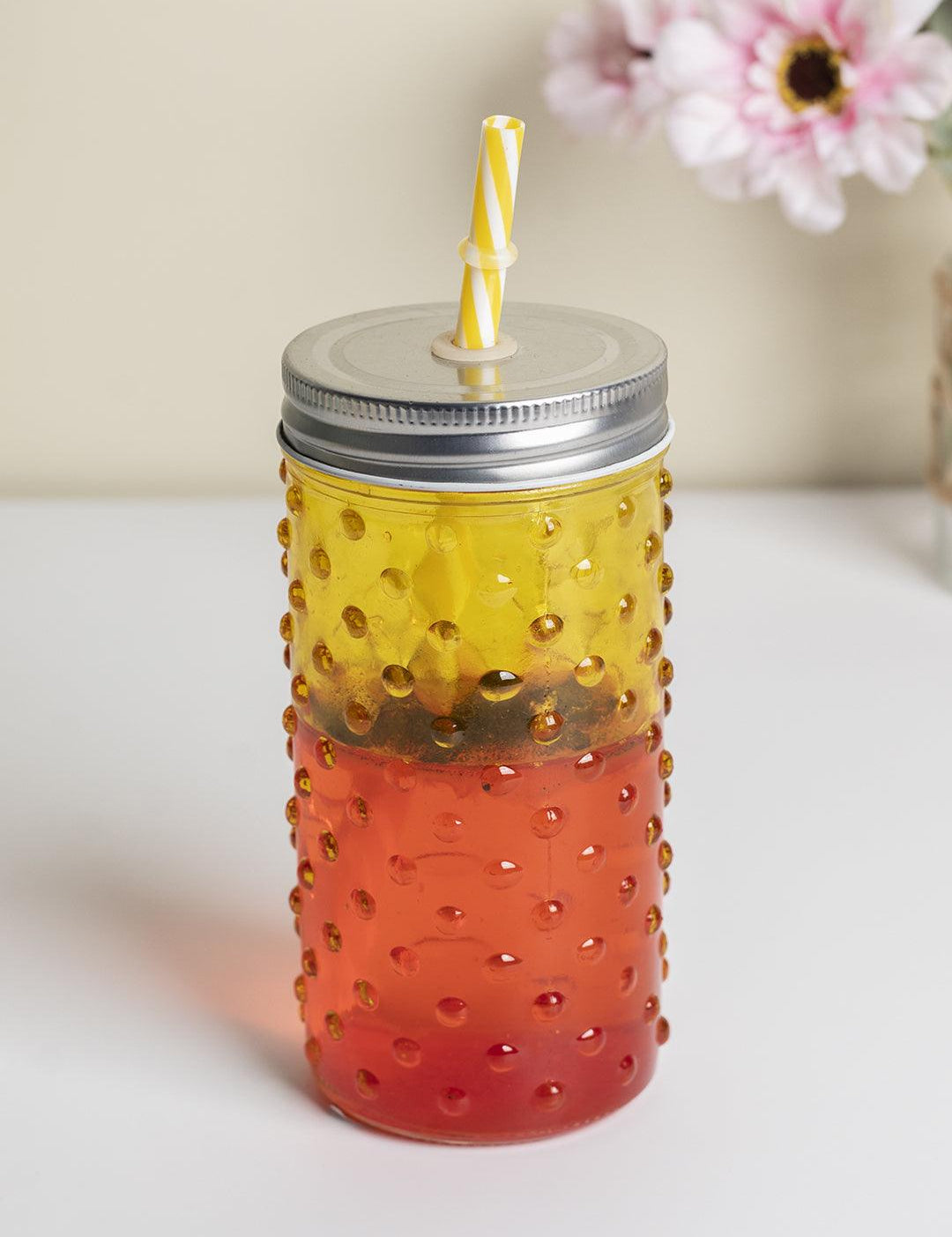 Mason Jar, with a Lid & Straw, Mason Tumbler, Glass, Yellow, 400 mL - MARKET 99