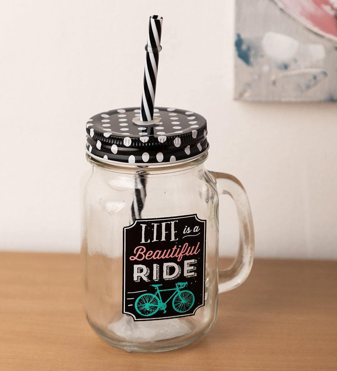 Mason Jar, with Straw & Lid, Black, Glass, 450 mL - MARKET 99