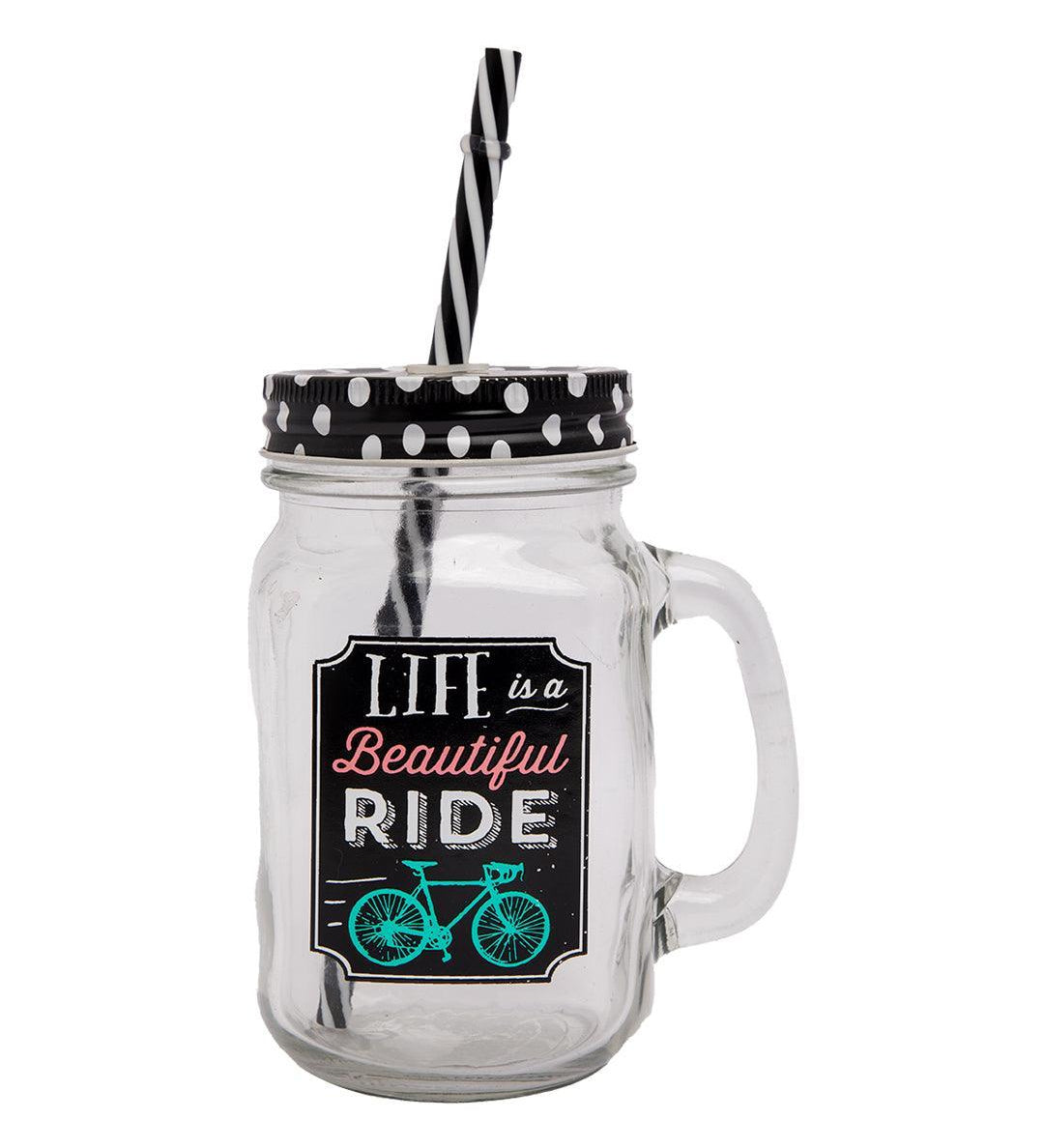 Mason Jar, with Straw & Lid, Black, Glass, 450 mL - MARKET 99