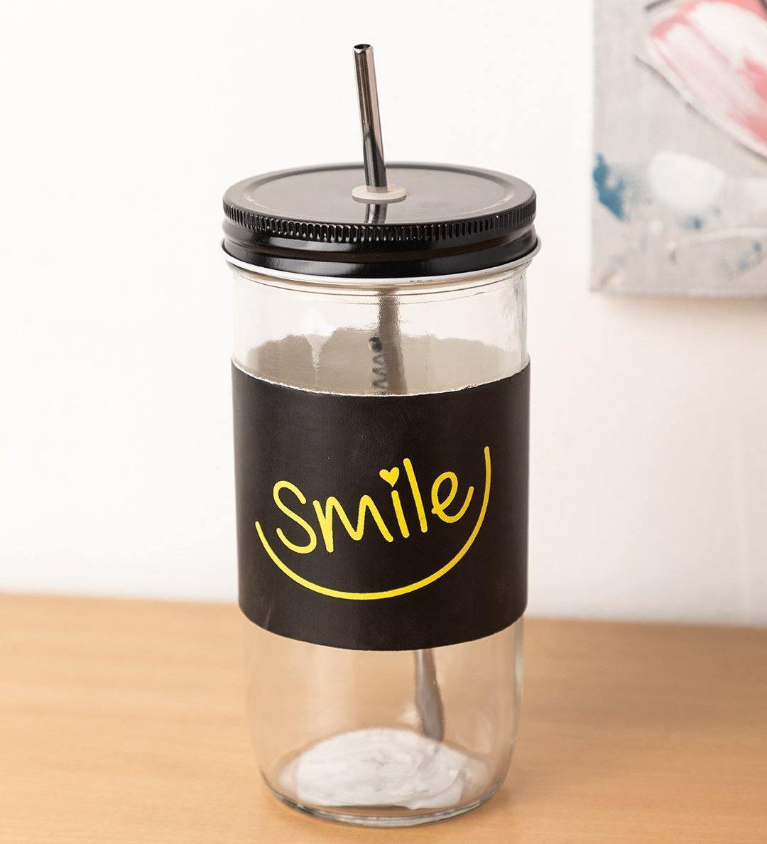 Mason Jar, with Straw & Lid, Black, Glass, 600 mL - MARKET 99