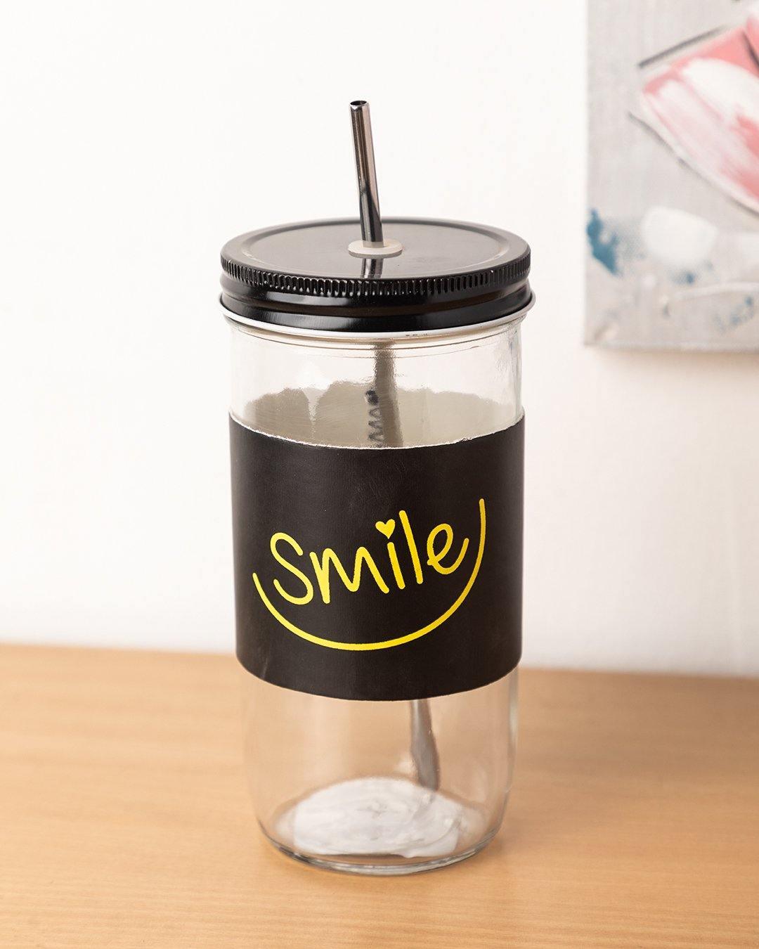 Mason Jar, with Straw & Lid, Black, Glass, 600 mL - MARKET 99