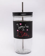 Mason Jar, with Straw & Lid, Black, Glass, 600 mL - MARKET 99