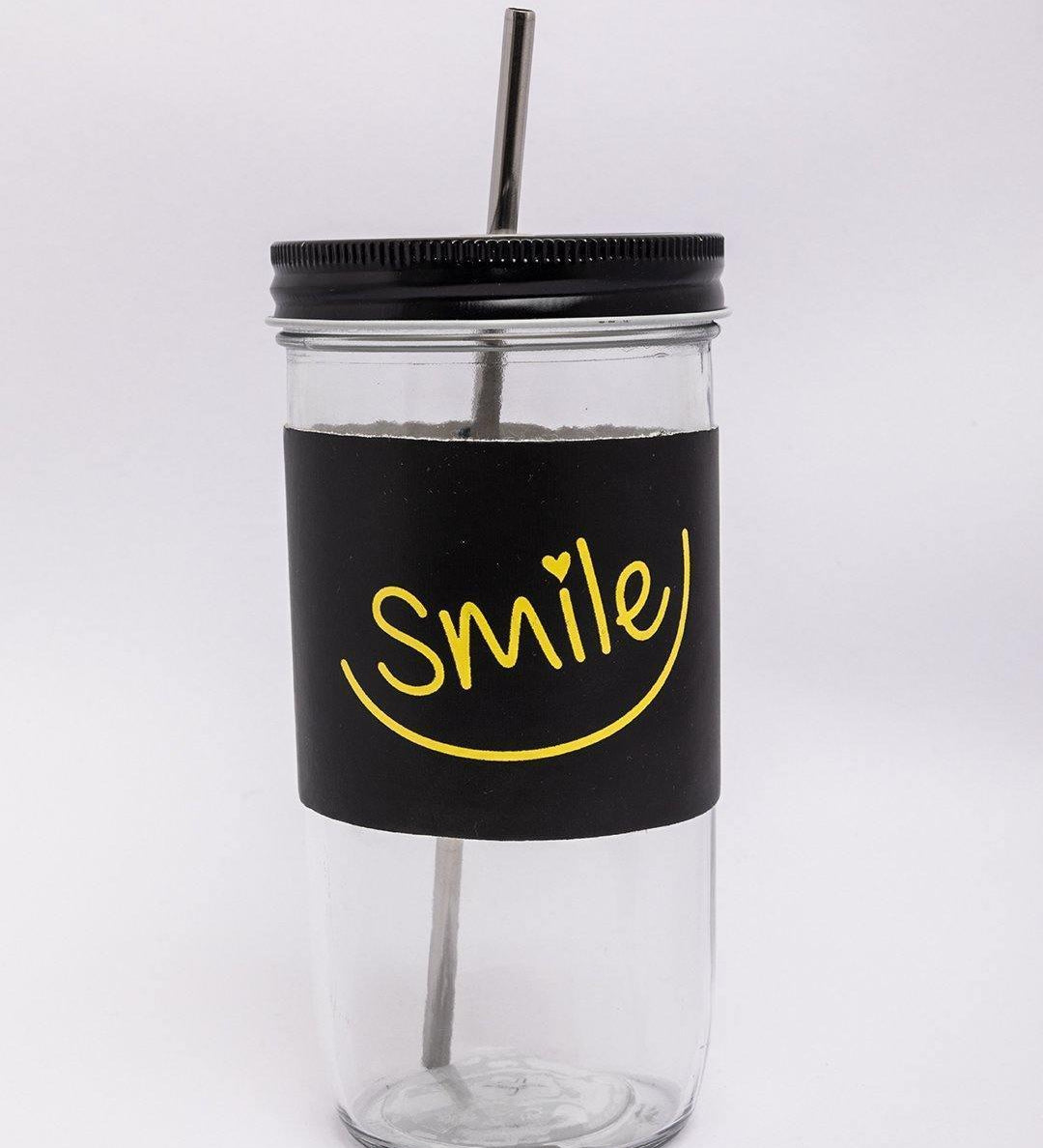 Mason Jar, with Straw & Lid, Black, Glass, 600 mL - MARKET 99