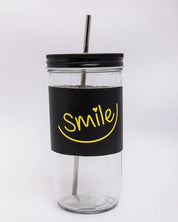 Mason Jar, with Straw & Lid, Black, Glass, 600 mL - MARKET 99