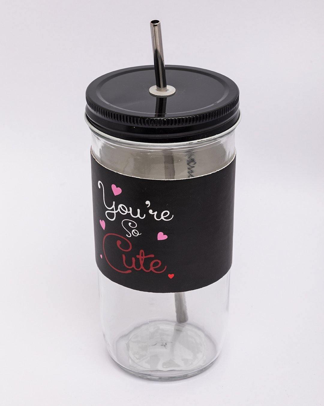 Mason Jar, with Straw & Lid, Black, Glass, 600 mL - MARKET 99